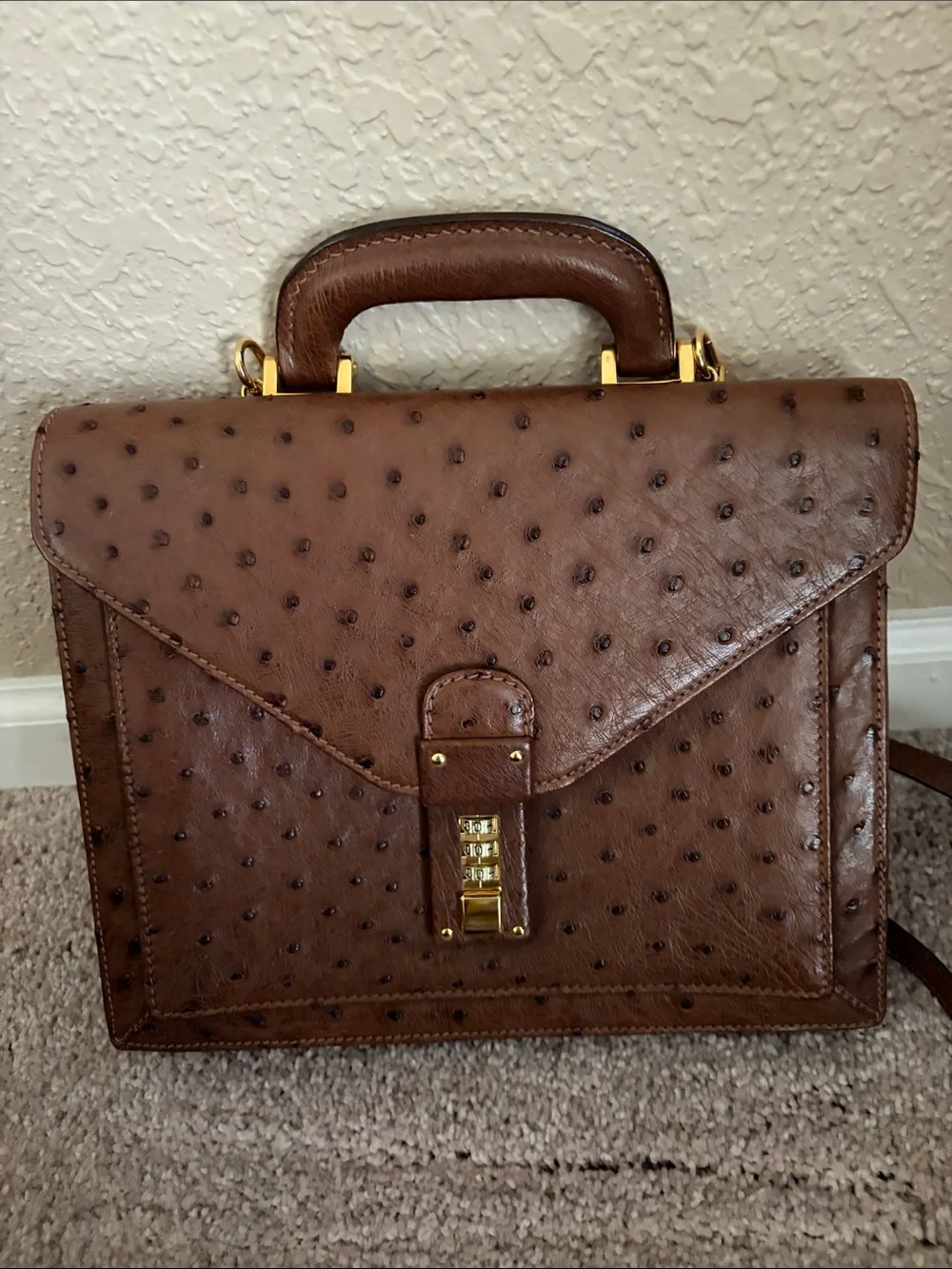 Lorenzi Brown Ostrich Leather Top-Handle Crossbody Bag made in Italy like new